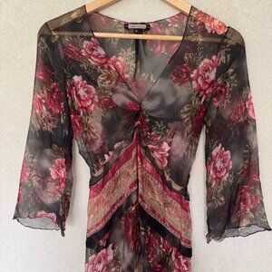 Rozae Nichols Sheer Floral Silk Flowy Top with Rhinestones